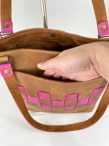 Leather Tote Bag in Tan with Hot Pink Accent