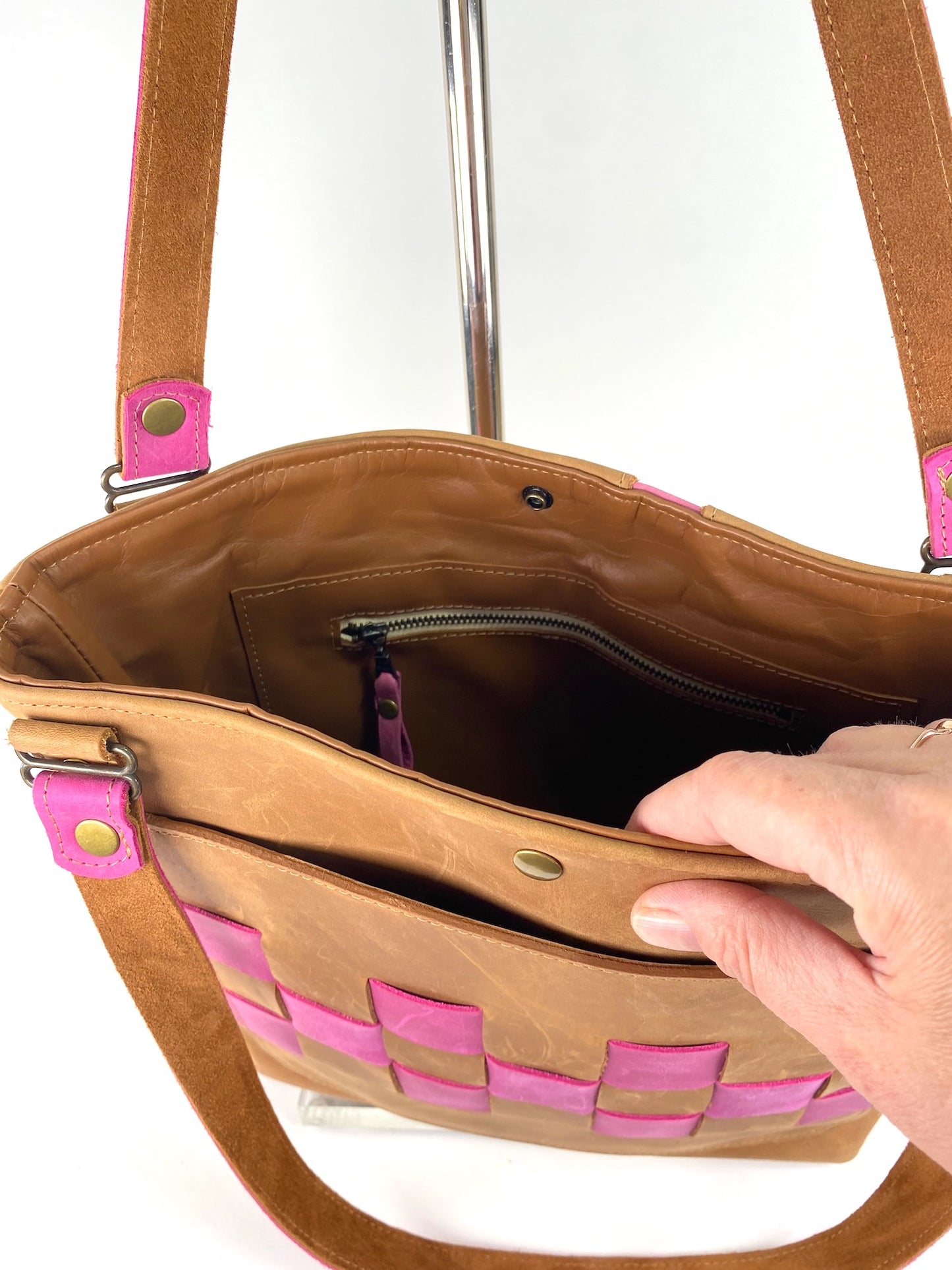 Leather Tote Bag in Tan with Hot Pink Accent