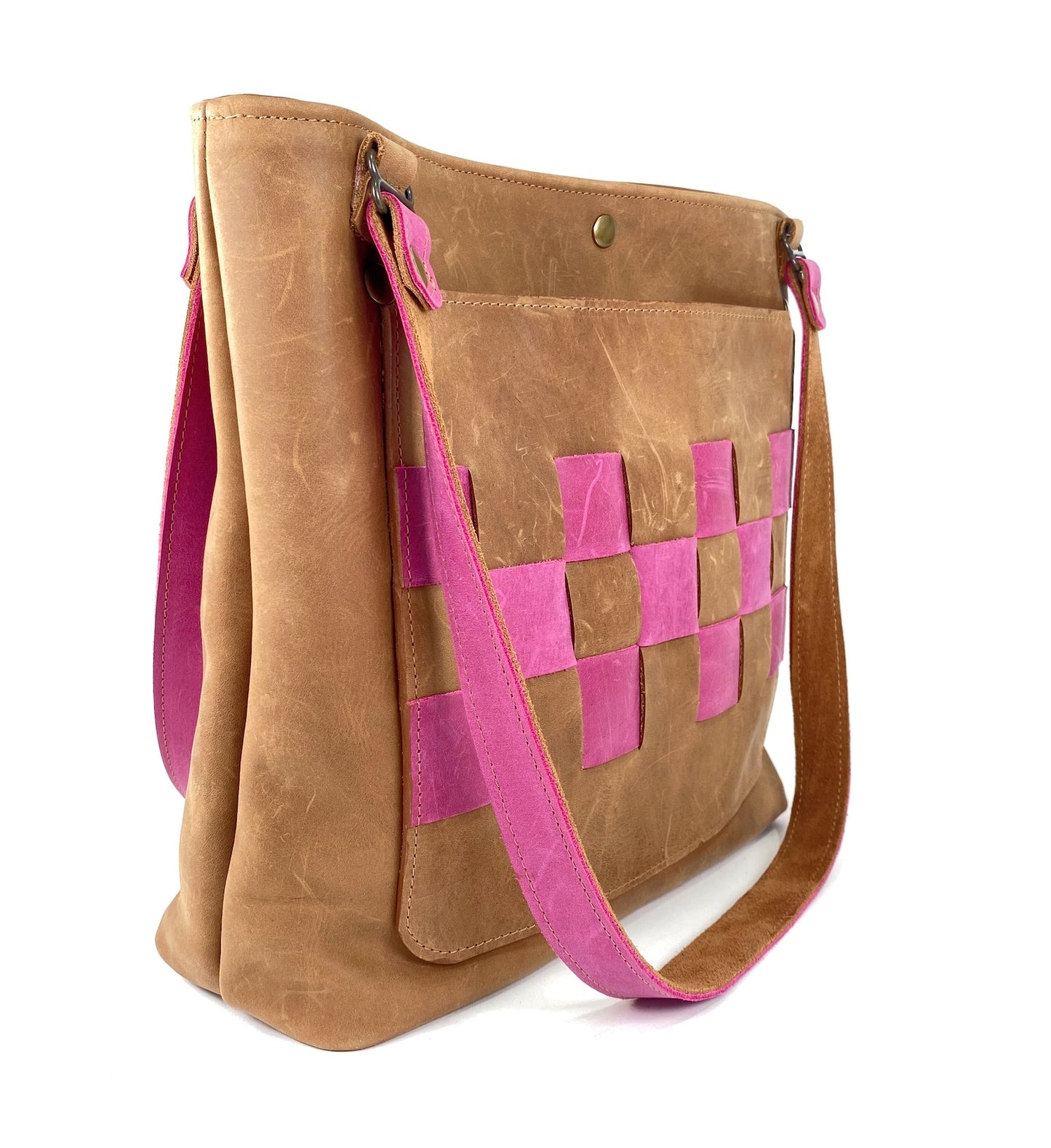 Leather Tote Bag in Tan with Hot Pink Accent