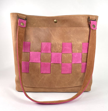 Leather Tote Bag in Tan with Hot Pink Accent