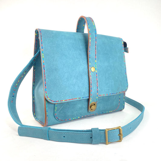 Leather Satchel Hand Stitched in Teal Blue with Beeswax Corded Thread