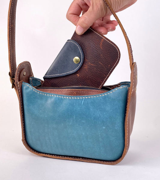 Lily 8 Compact Shoulder Bag Hand Stitched in Teal Blue and Tan