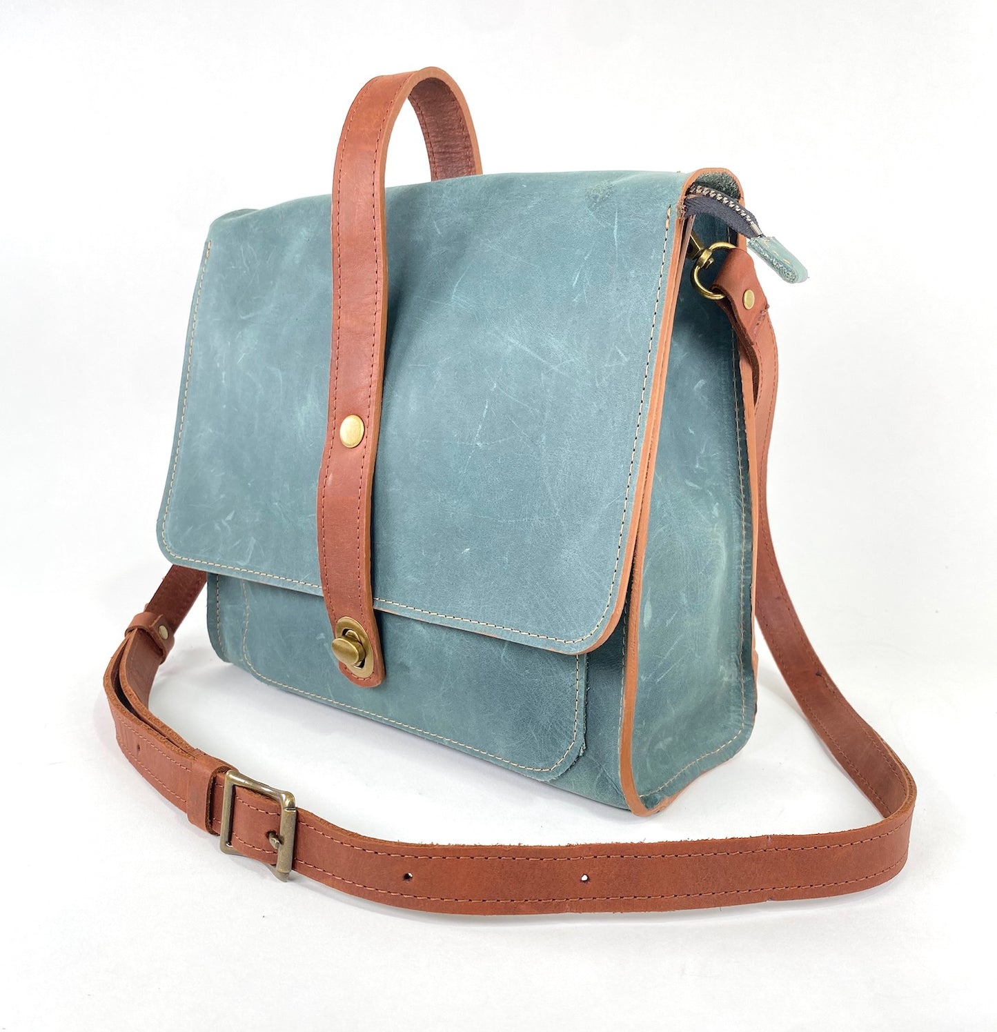 Leather Satchel Purse in Teal Blue