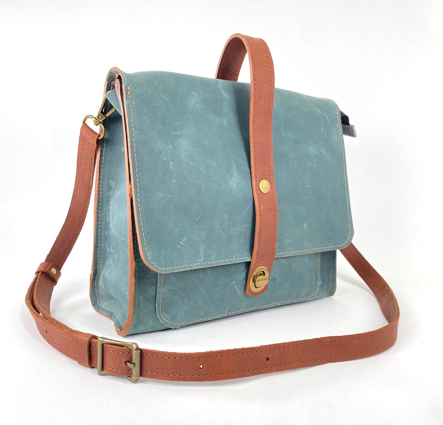 Leather Satchel Purse in Teal Blue