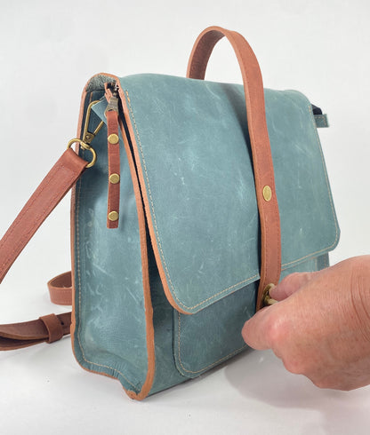 Leather Satchel Purse in Teal Blue