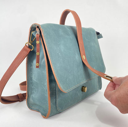 Leather Satchel Purse in Teal Blue