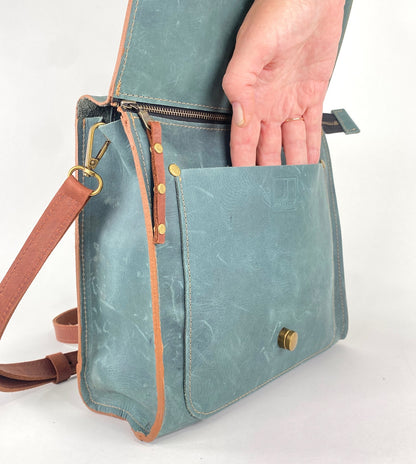 Leather Satchel Purse in Teal Blue