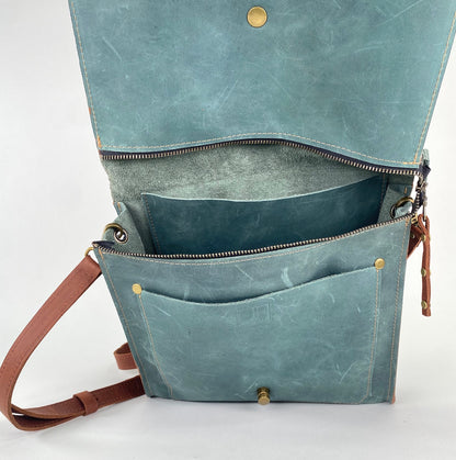 Leather Satchel Purse in Teal Blue