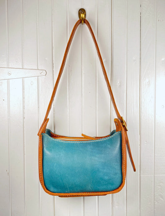 Lily 8 Compact Shoulder Bag Hand Stitched in Teal Blue and Tan 2