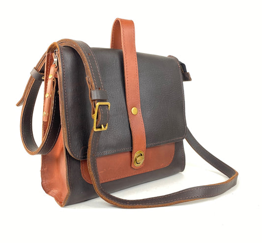 Leather Satchel Purse Two-Tone in Tan and Havana Brown