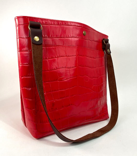 Chili Red Croc Embossed Leather Tote Bag