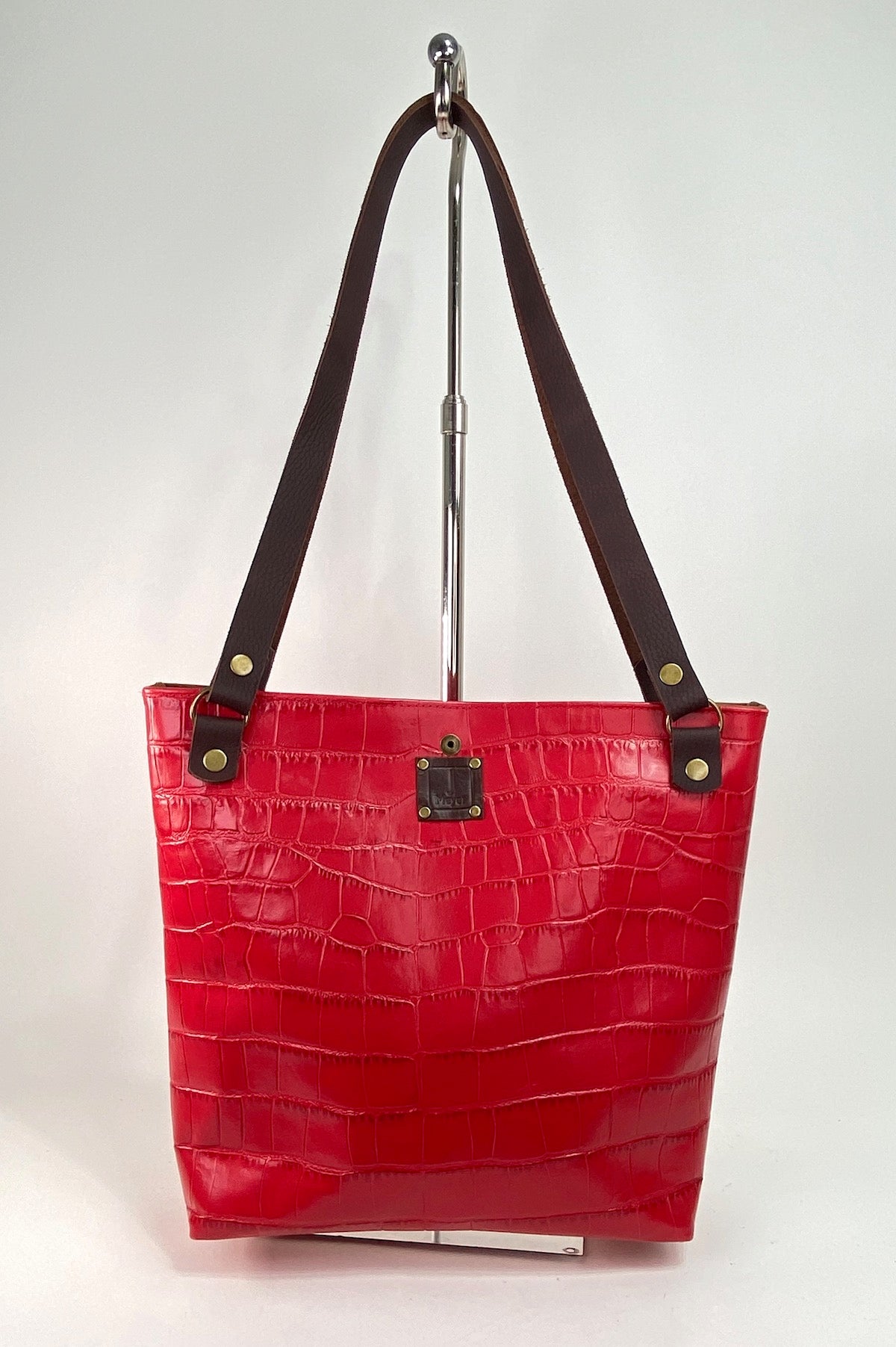 Chili Red Croc Embossed Leather Tote Bag