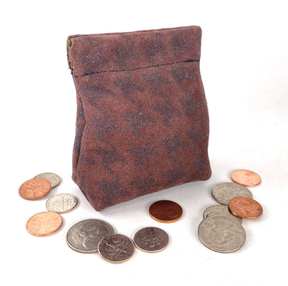 Burgundy Houndstooth Print Leather Squeeze Coin Pouch