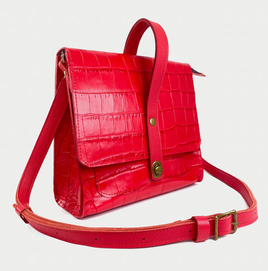 Leather Satchel Purse in Chili Red Croc Embossed