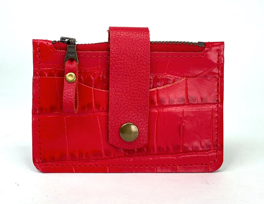 Red Croc Embossed Leather Minimalist Snap Wallet