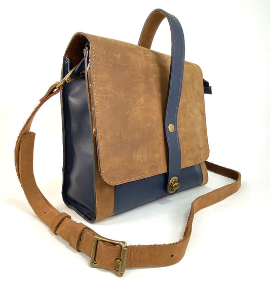 Leather Satchel Purse in Tan with Navy Blue