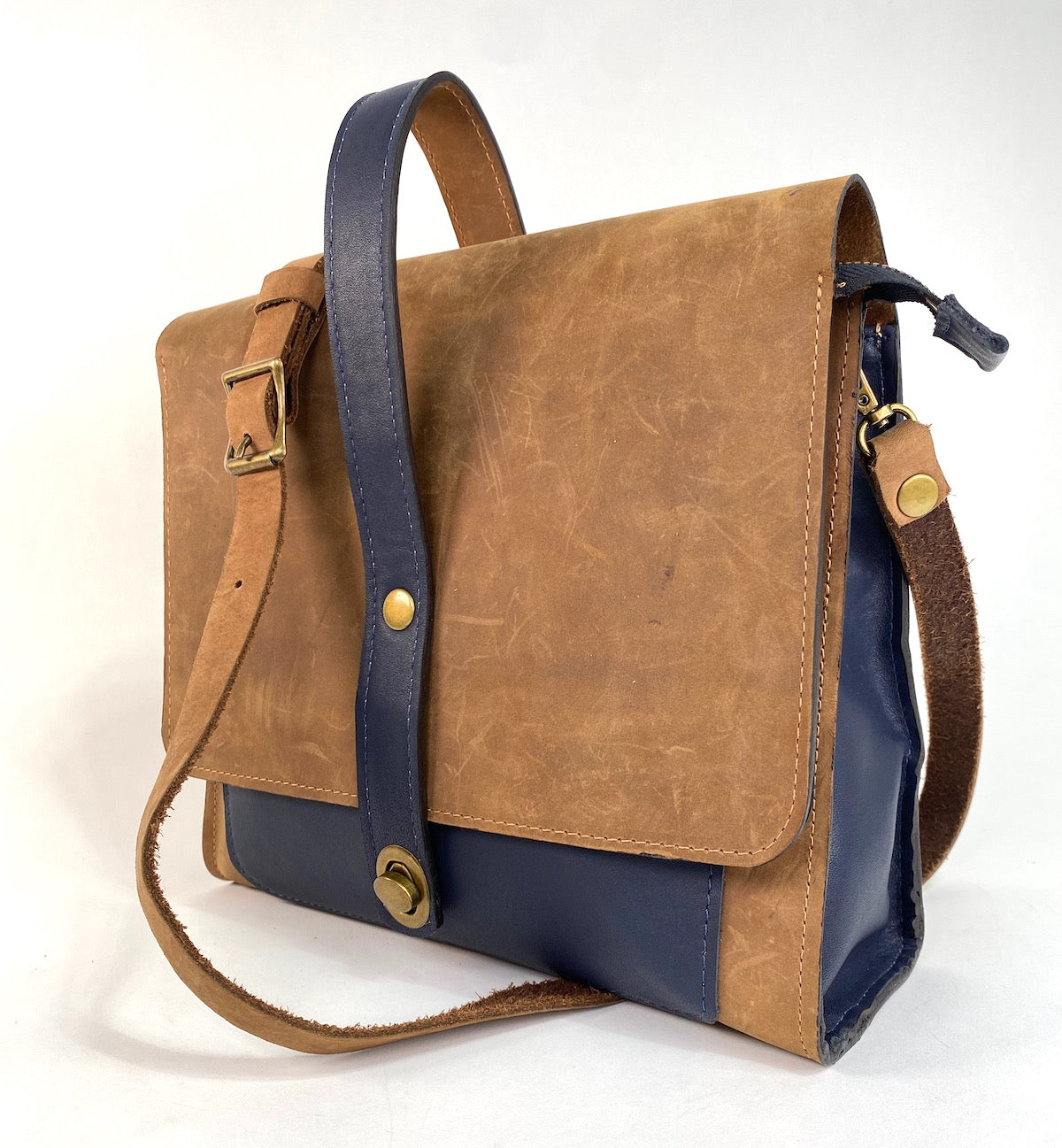 Leather Satchel Purse in Tan with Navy Blue